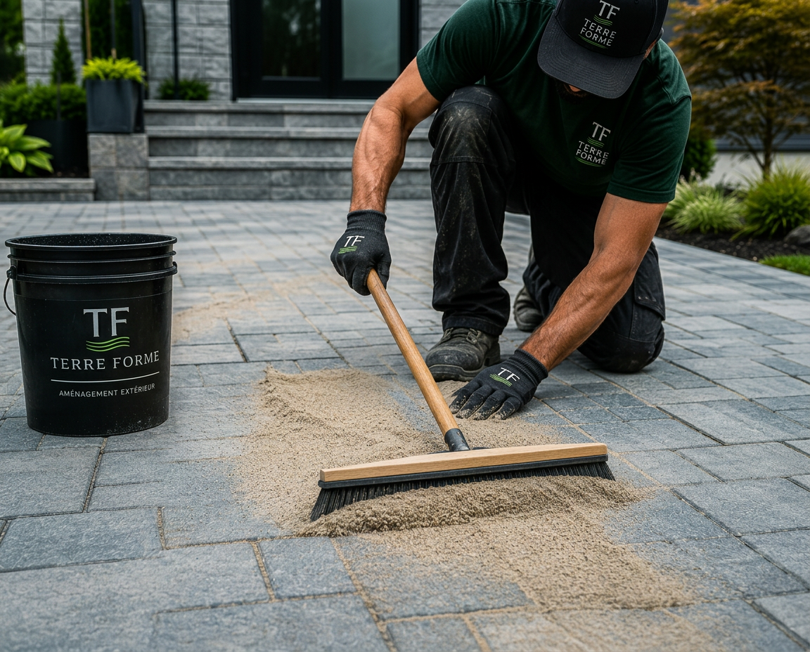 Joints de sable polymère sur un pavé uni résidentiel